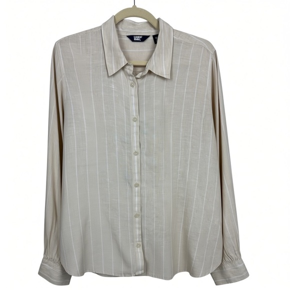 Lands End Tops - Lands End Womens beige striped long sleeve button down 100% Linen shirt XL